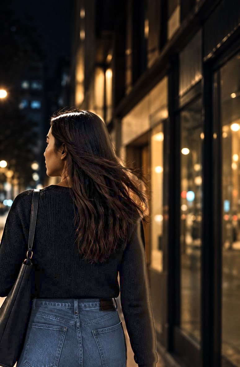 Woman walking along a city street at night