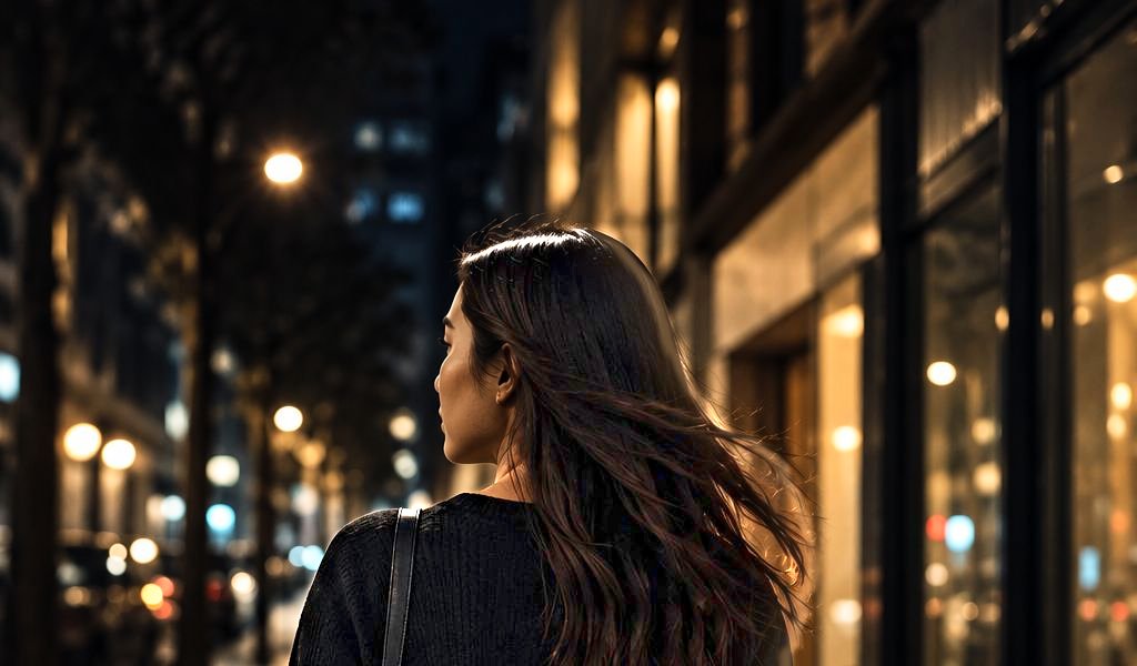 Woman walking along a city street at night