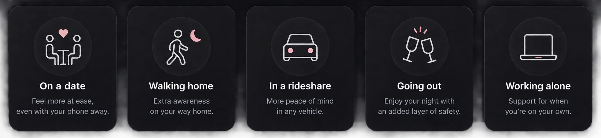 AI Witness use cases: on a date, walking home, in a rideshare, going out, and working alone.